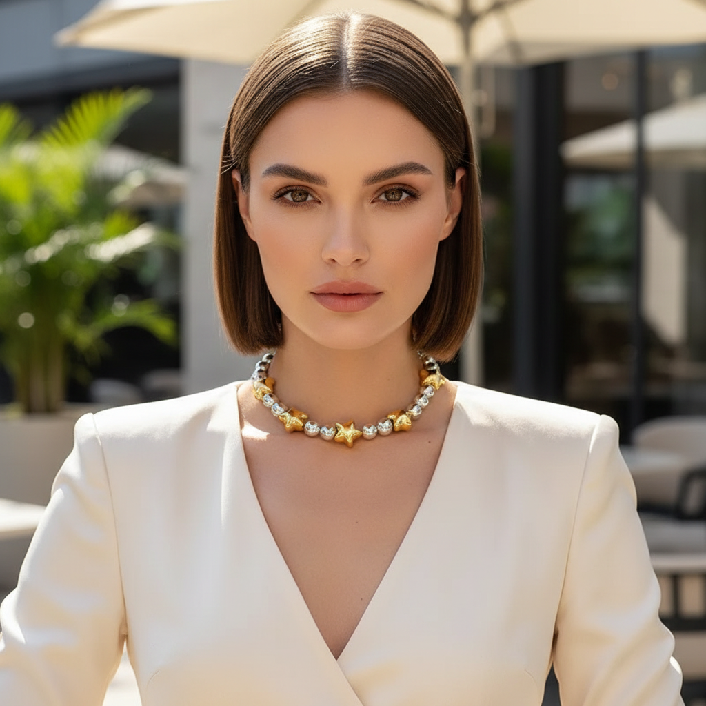 Model wearing a gold and silver star bead bracelet styled with a cream outfit, showcasing an elegant layered bracelet design.