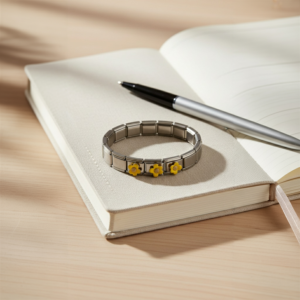 The Sunlit Blossom bracelet with yellow flowers on a notebook a pen