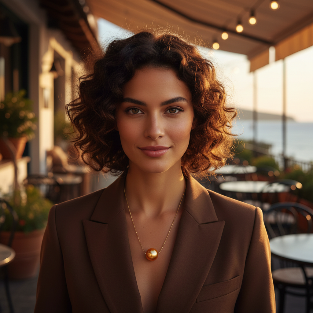 Woman in a brown blazer standing in an outdoor setting with tables and plants wearing the Tangerine Petite Sphere Necklace from  Chica Chica Jewelry