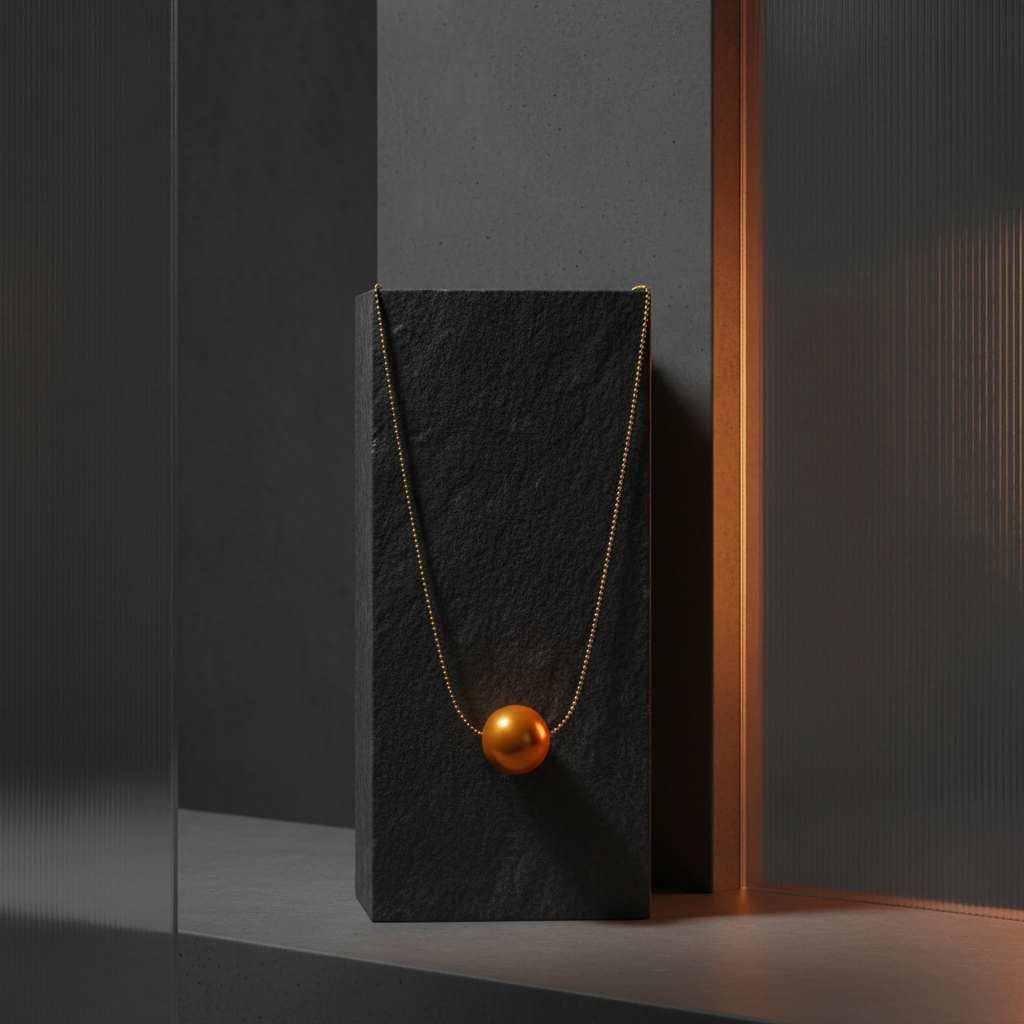 The Tangerine Petite Sphere Necklace from Chica Chica Jewelry with a gold pendant on a black stand against a dark background