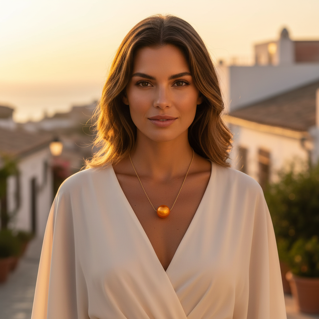 Woman wearing a white top and the Tangerine Petite Sphere Necklace  from Chica Chica Jewelry on a rooftop at sunset.