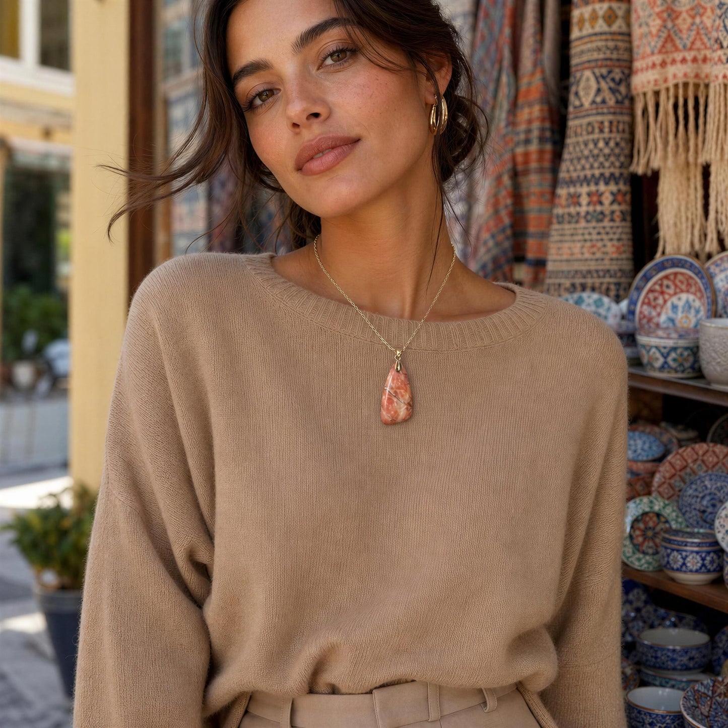 A woman wearing a beige knit sweater and the Pietra Rosa Natural Stone Necklace, a  gold pendant necklace with a peach-colored stone, standing in front of a shop display with patterned textiles and ceramic dishes.