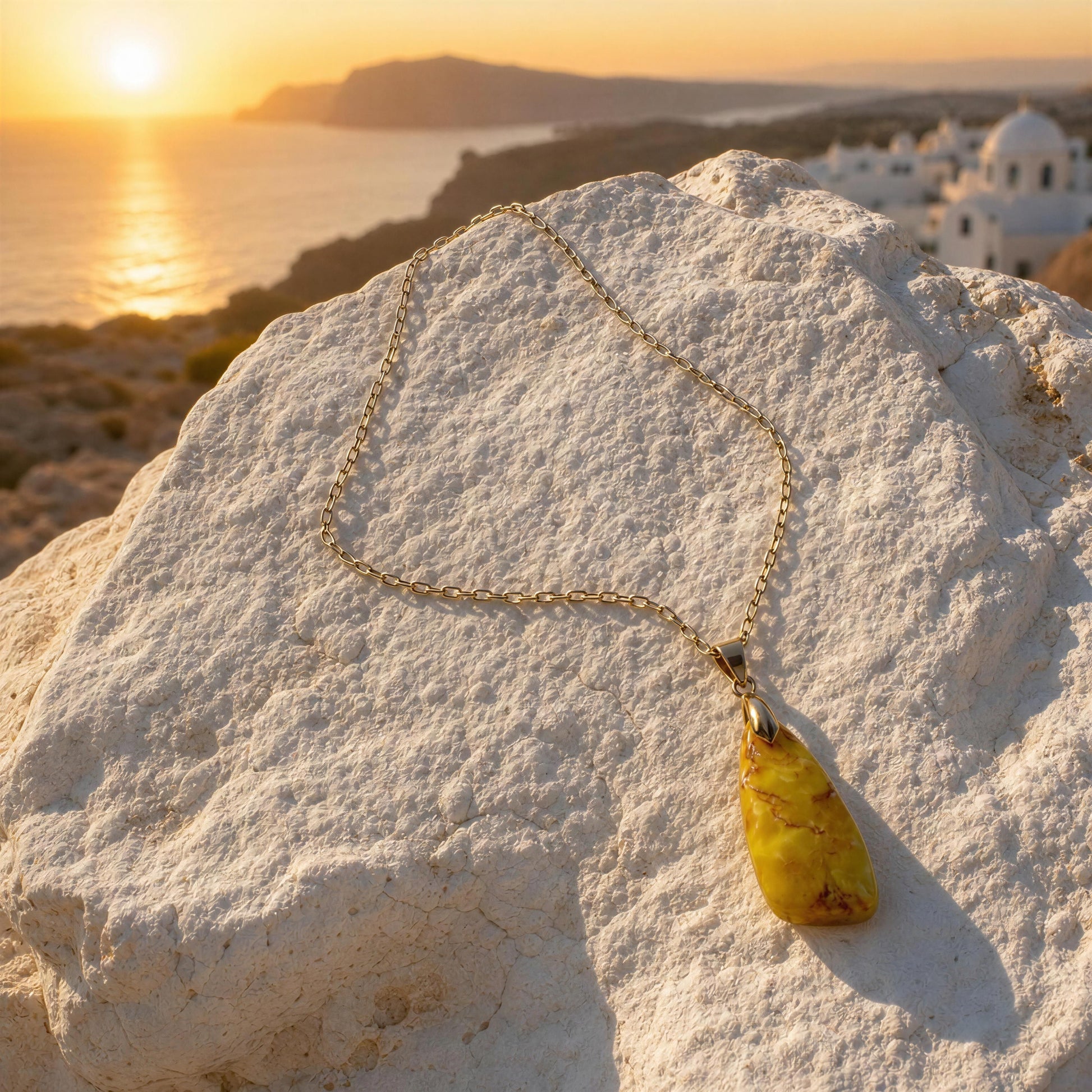 A gold chain necklace with a yellow marbled stone pendant draped over a white rock, set against a scenic background of a sunset over the sea with white buildings in the distance.