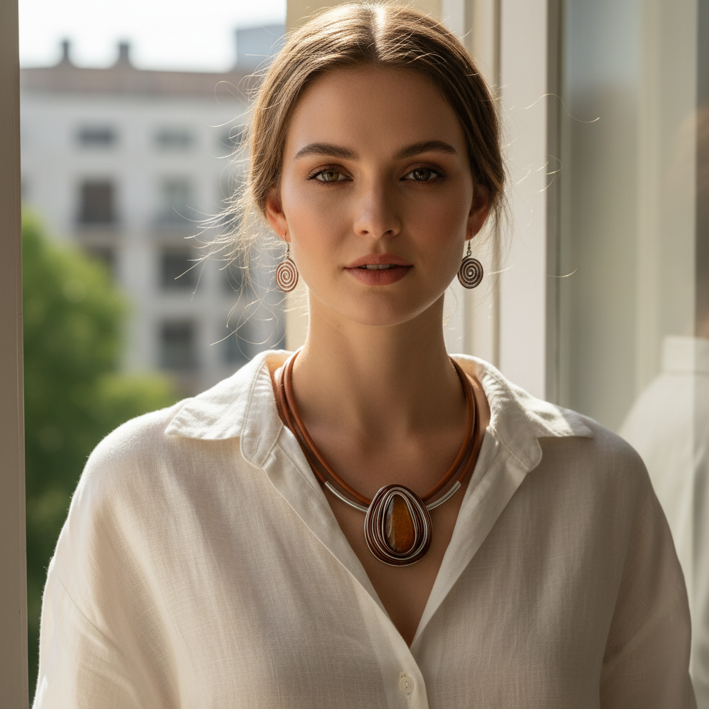 Woman wearing the Terra Harmony Set indoors with a blurred outdoor background