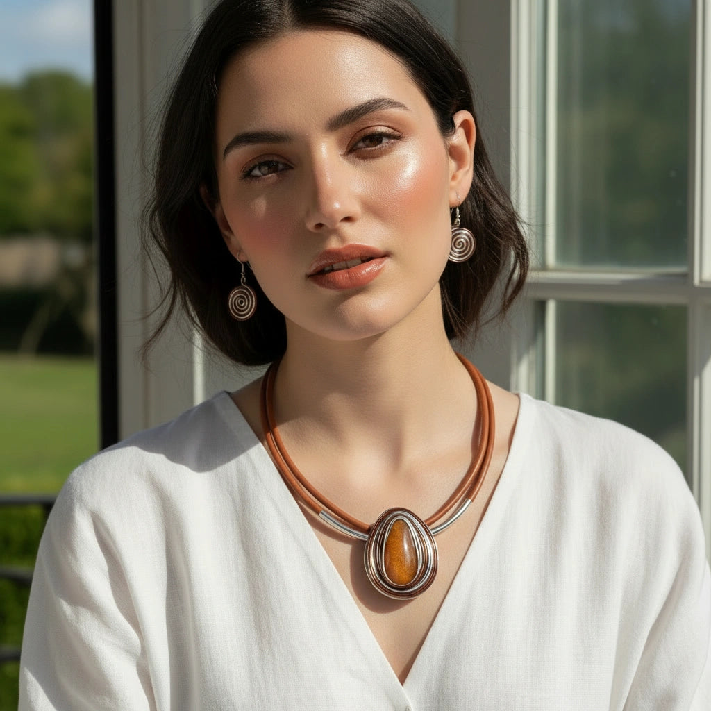 Woman wearing the Terra Harmony Set outdoors from Chica Chica Jewelry
