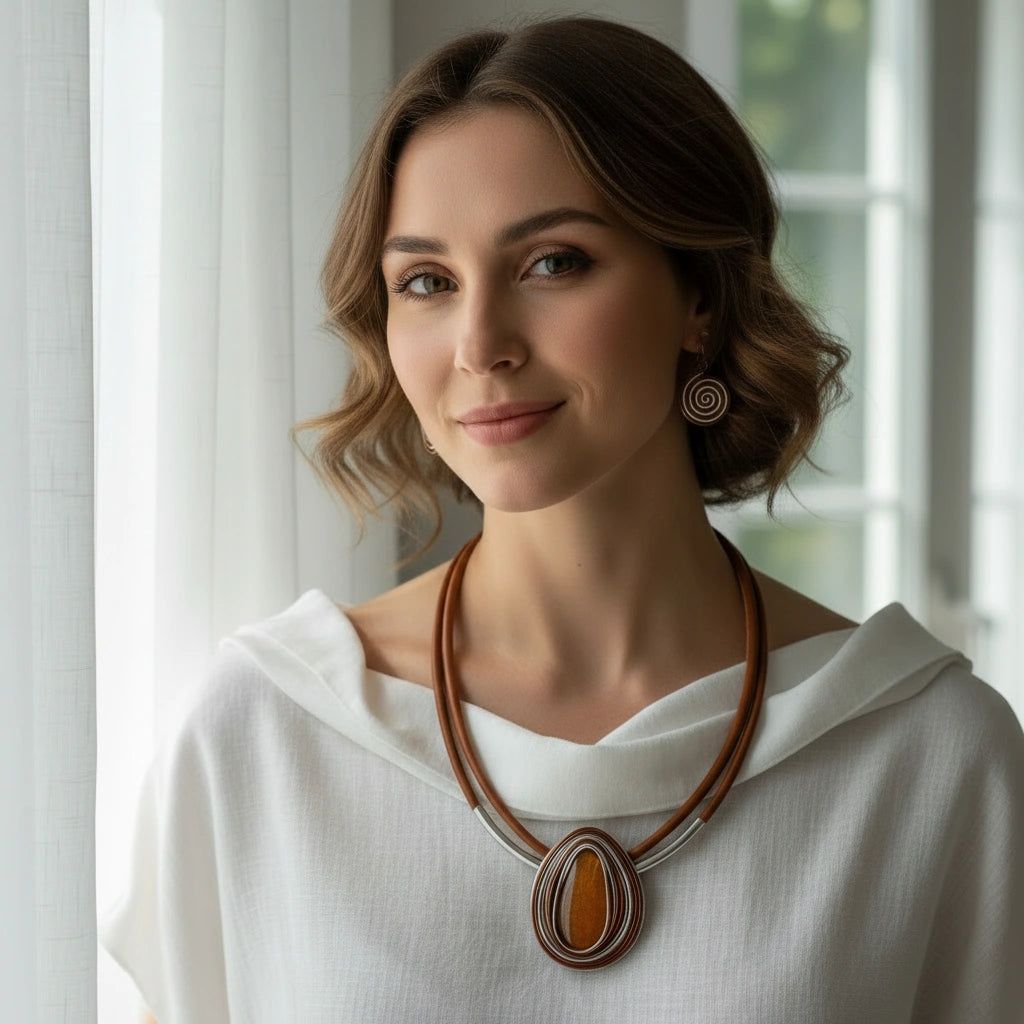 Woman wearing the Terra Harmony Set with a large pendant in a softly lit room.