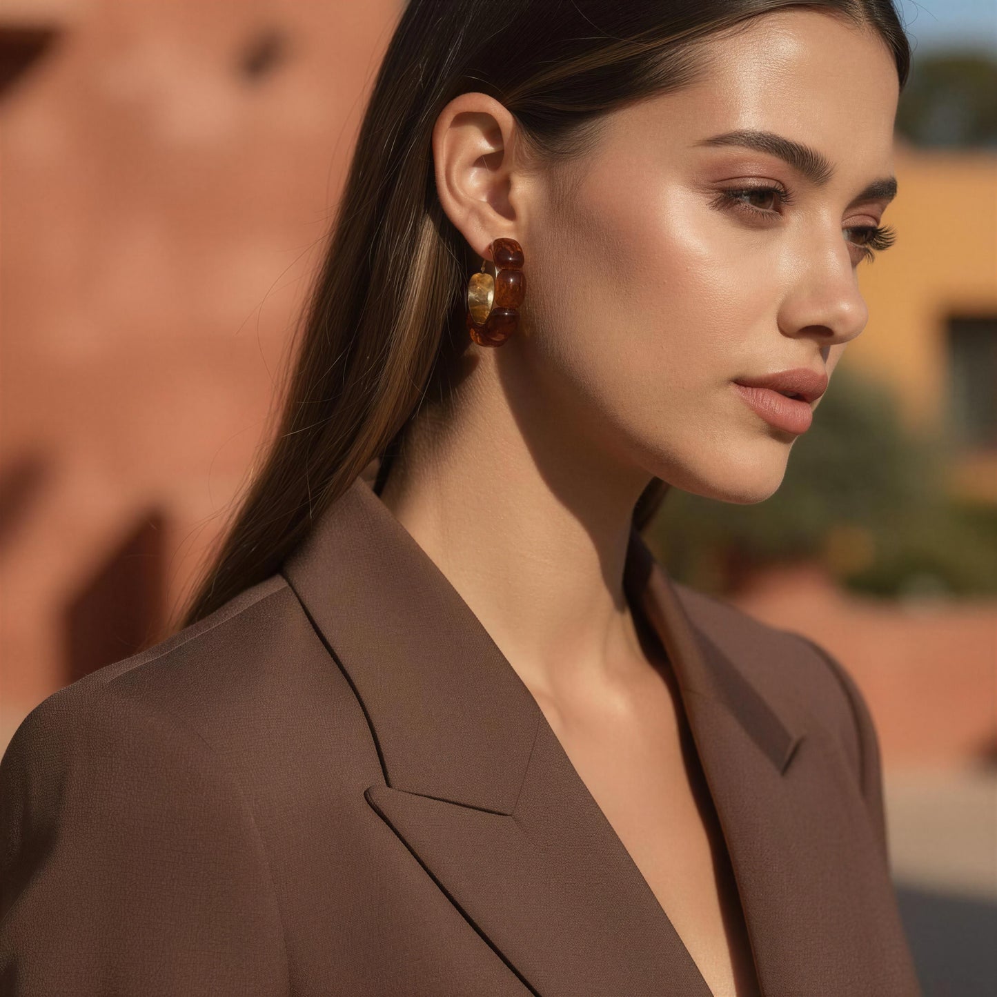 Woman wearing a brown blazer and the Terra Loops Earrings with a blurred outdoor background