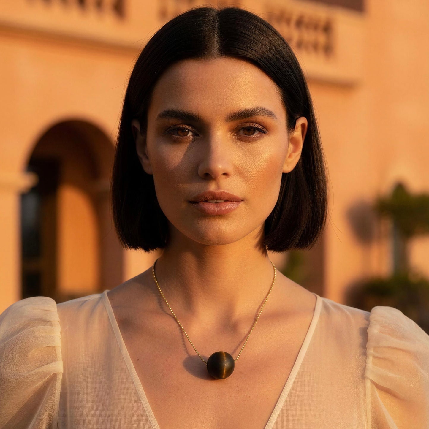 Woman wearing the Terra Sol Sphere Necklace with a blurred architectural background