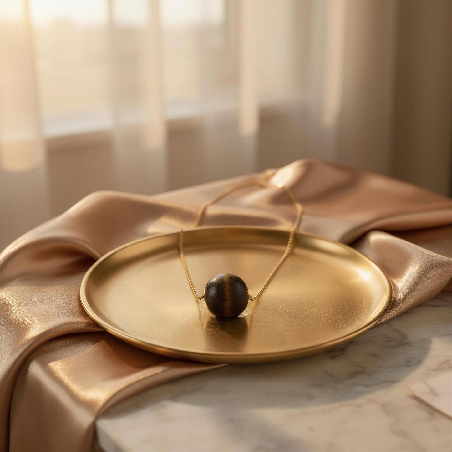 Gold necklace with a tiger's eye bead on a gold plate with a soft, blurred background