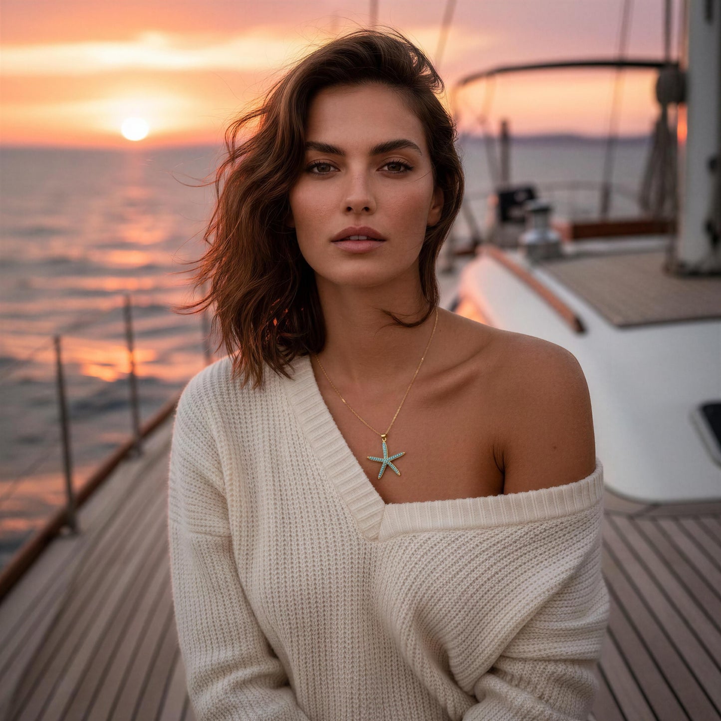 A woman with wavy brown hair stands on a boat deck at sunset, wearing an off-the-shoulder cream knit sweater and the Asteria Necklace from Chica Chica Jewelry, a starfish pendant necklace. The ocean and warm sunset sky are visible in the background.