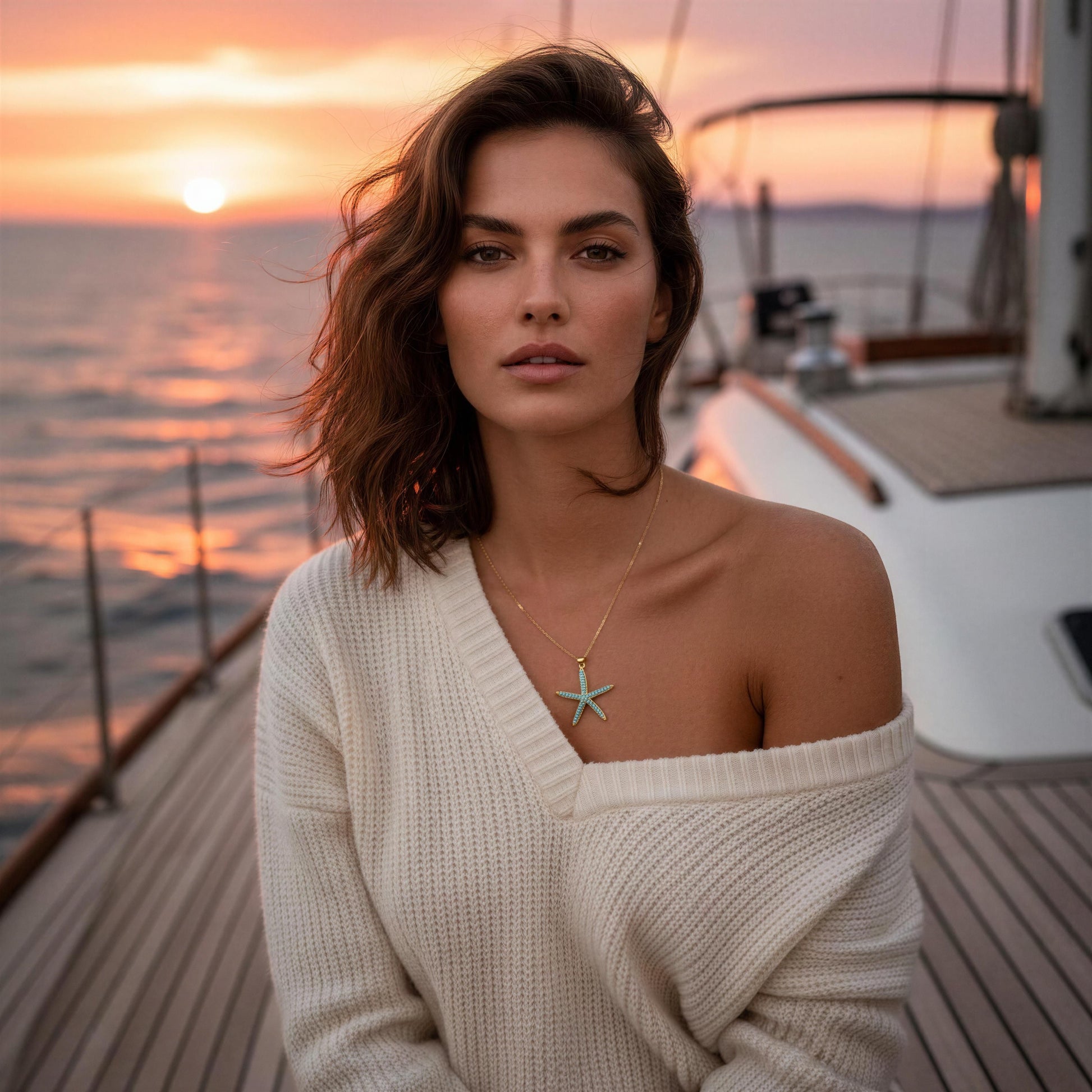 A woman with wavy brown hair stands on a boat deck at sunset, wearing an off-the-shoulder cream knit sweater and the Asteria Necklace from Chica Chica Jewelry, a starfish pendant necklace. The ocean and warm sunset sky are visible in the background.