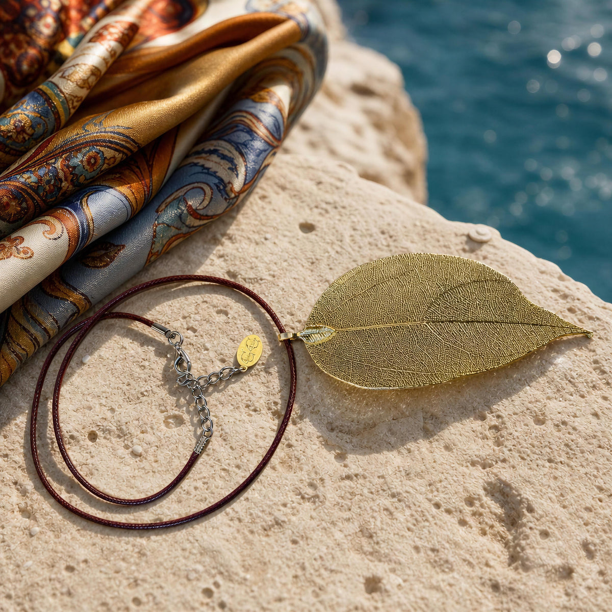 The Aurelia Necklace from Chica Chica Jewelry on limestone and silk headscarf by Mediterranean scenery. 