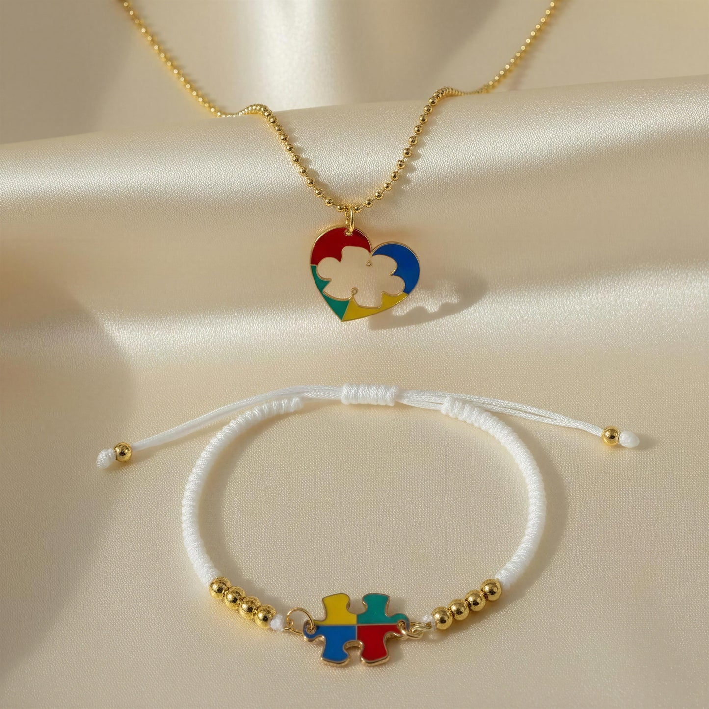 Autism Connection Heart Set – White Cord Edition on a beige fabric background
