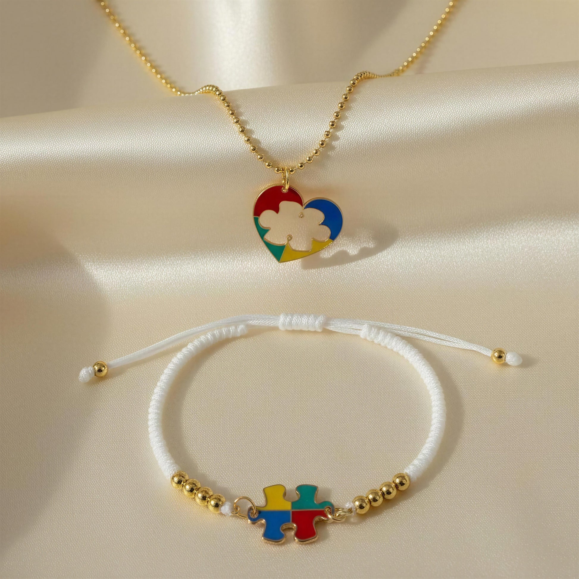 Autism Connection Heart Set – White Cord Edition on a beige fabric background