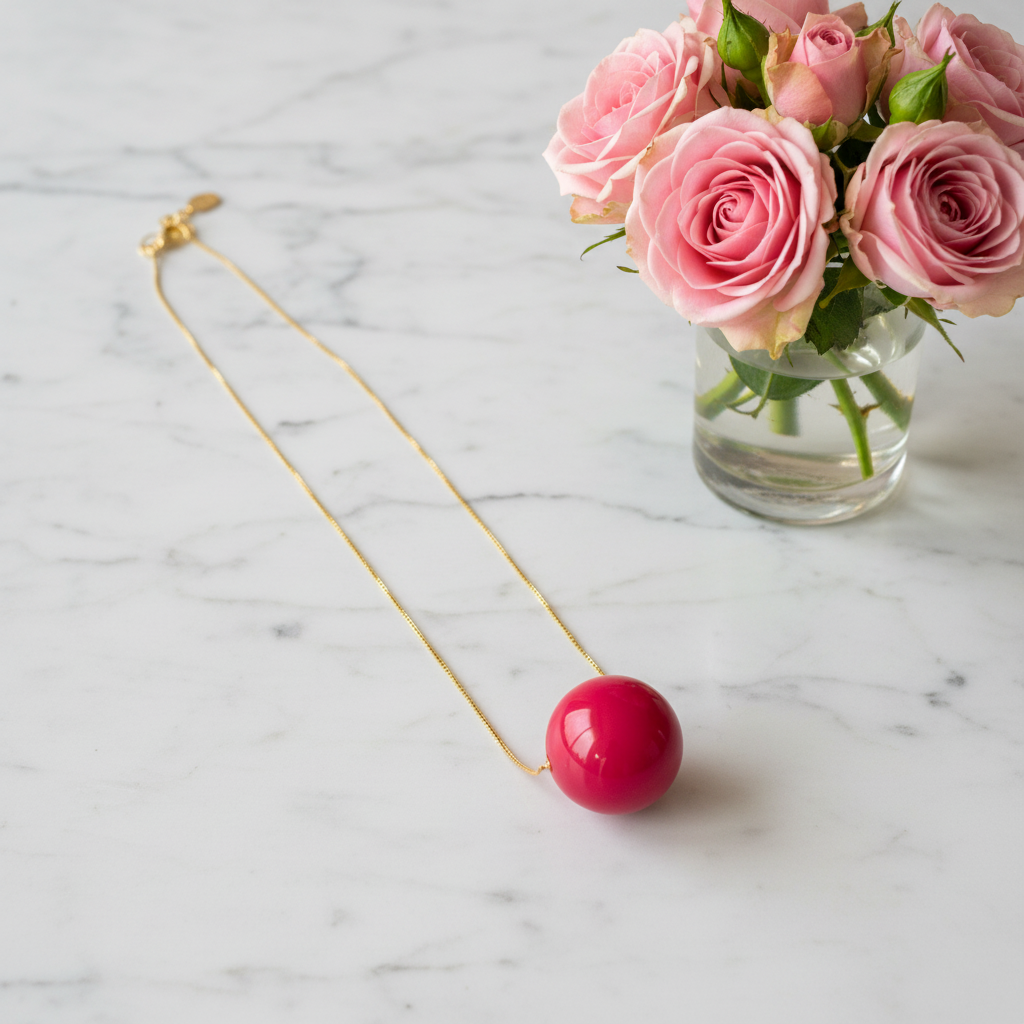 The Azalea sphere statement necklace with a pink pendant on a marble surface next to a vase of pink roses.