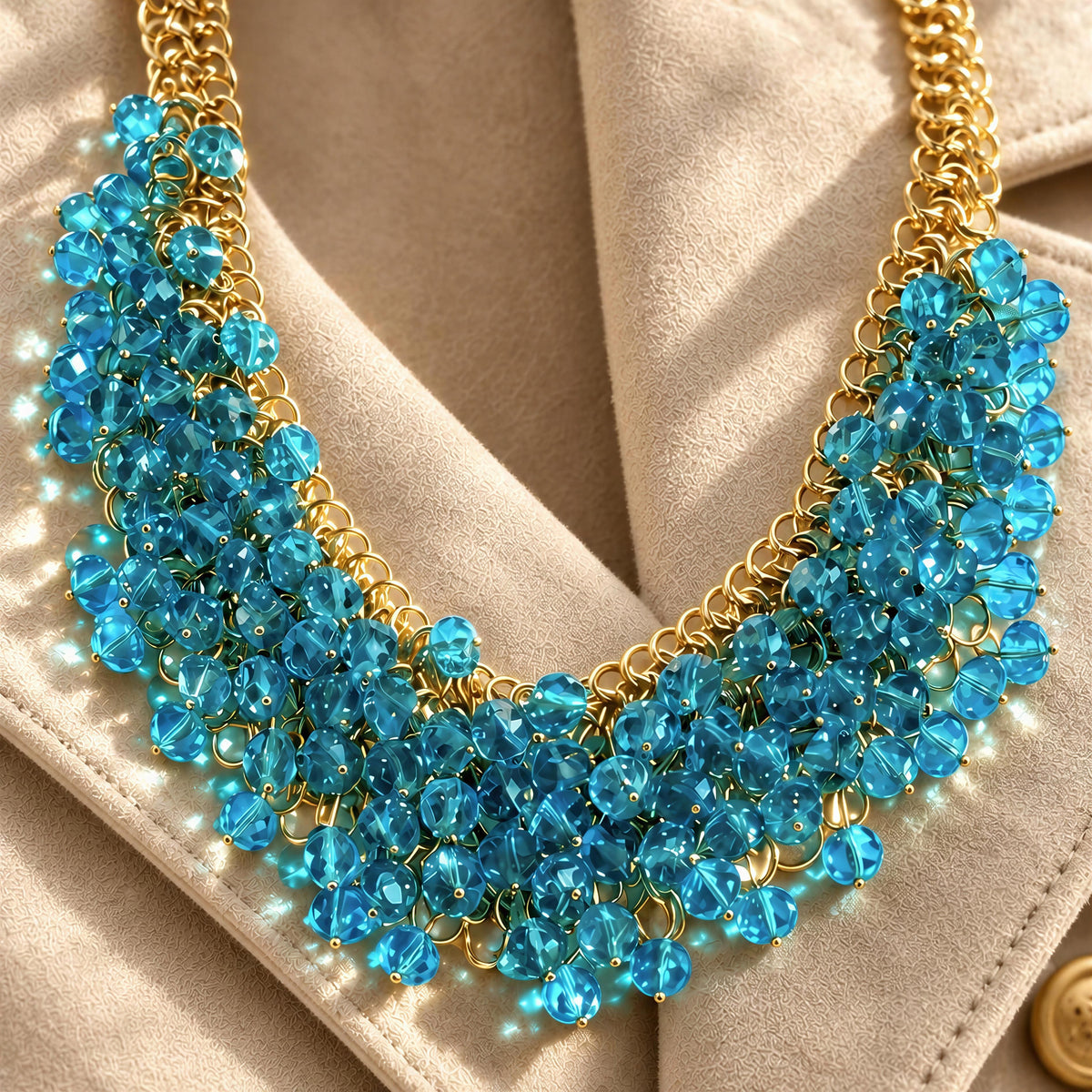 The Azzurra Necklace- Riviera Collection from Chica Chica Jewelry set against a crème suede jacket.