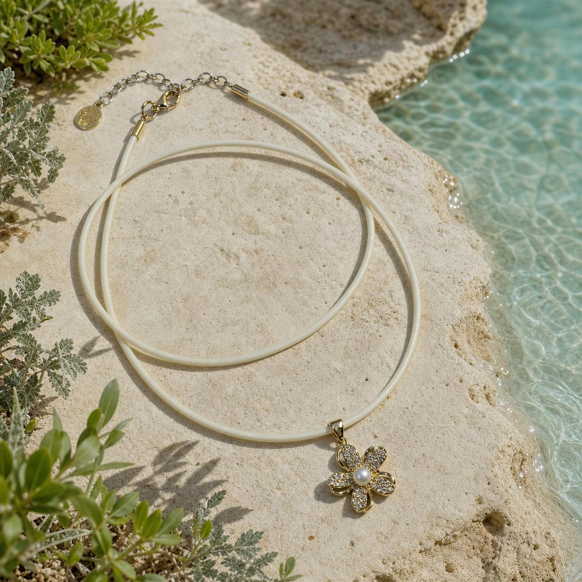 The Camellia Necklace from Chica Chica Jewelry by Mediterranean scenery. 