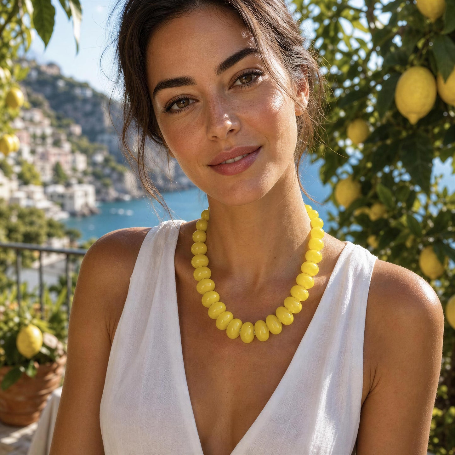 A woman wearing a chunky yellow beaded necklace from Chica Chica Jewelry with a white sleeveless top, set against a sunny outdoor background of lemon trees and a coastal sea view.