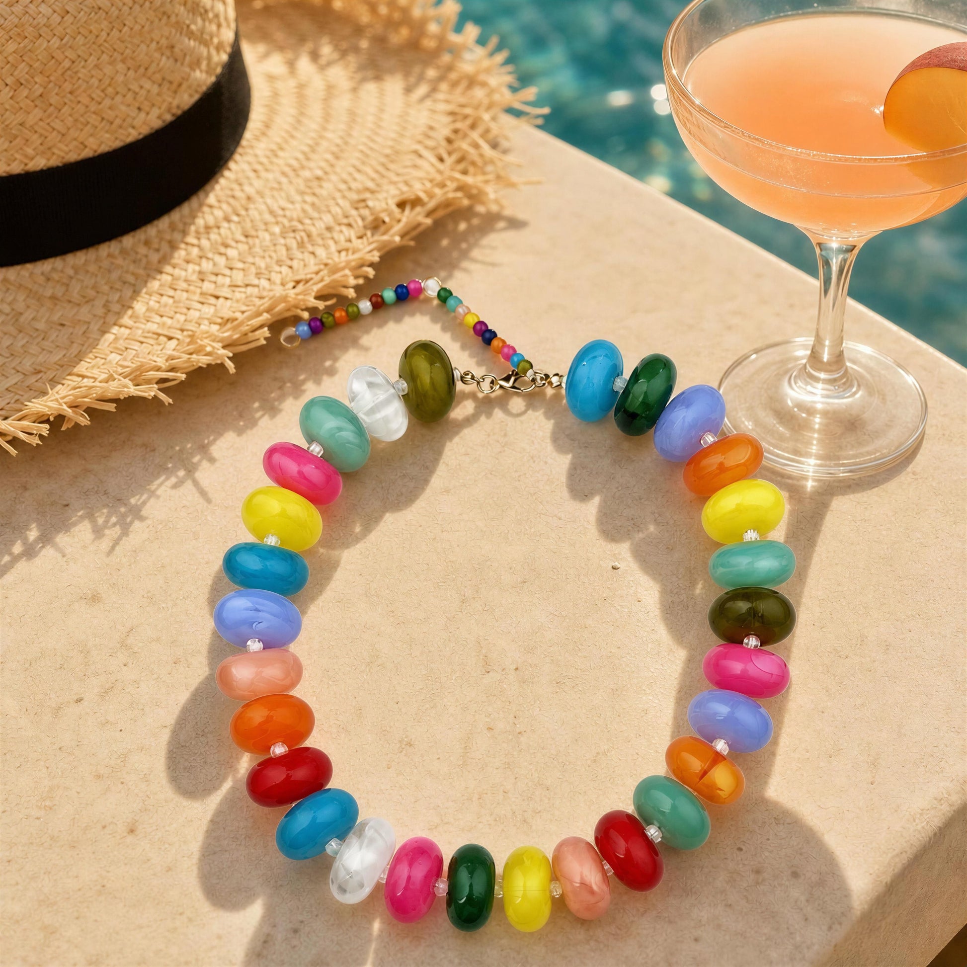 A multicolor beaded necklace with glossy, disc-shaped beads in various bright colors, displayed on a beige stone surface next to a straw hat and a cocktail glass.