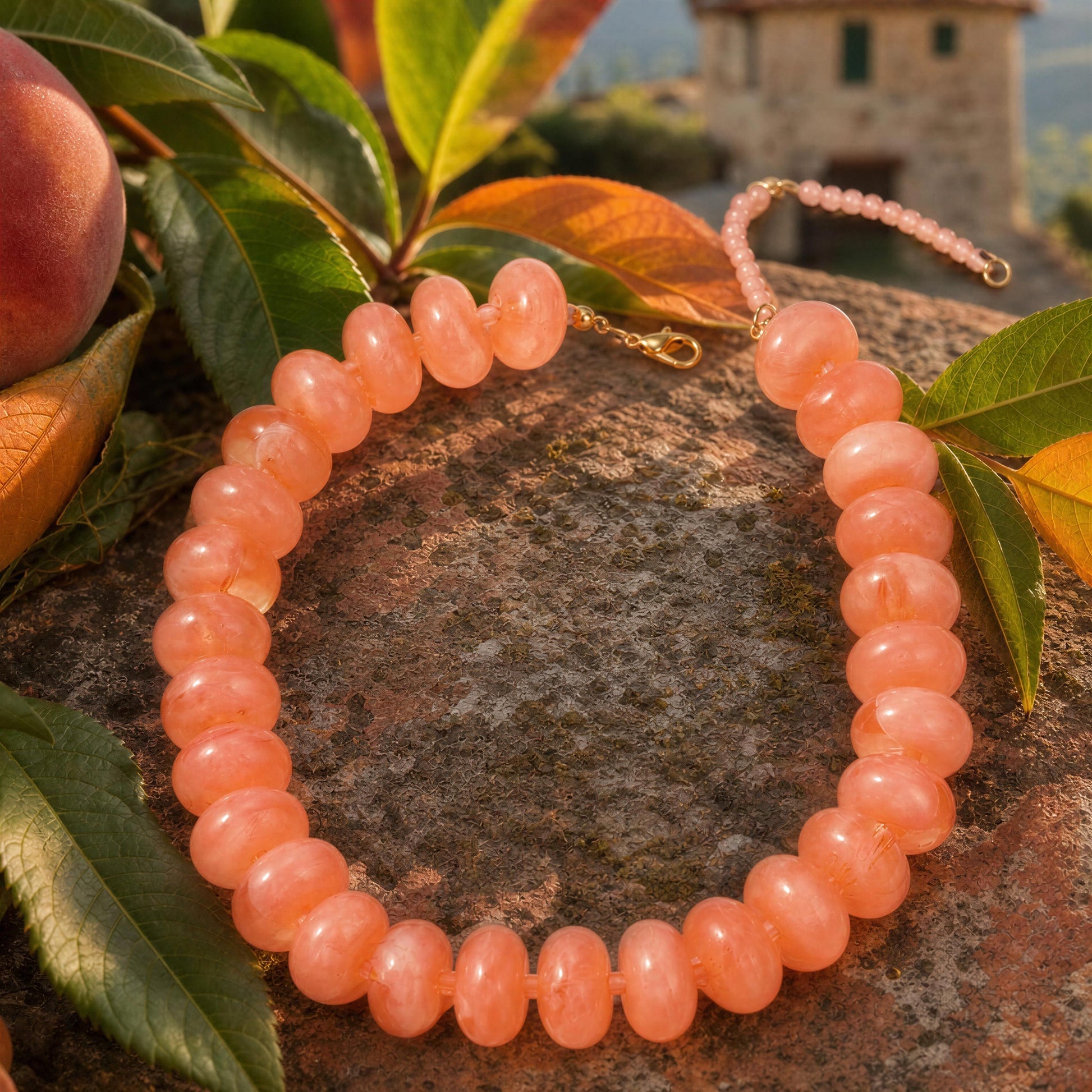 A peach-colored beaded necklace with a gold clasp and adjustable toggle, displayed on a rustic stone surface surrounded by green and orange leaves, a peach, and a blurred outdoor background.