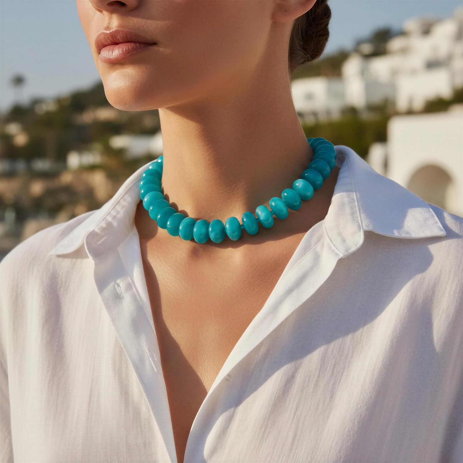 Person wearing a turquoise necklace with a scenic background