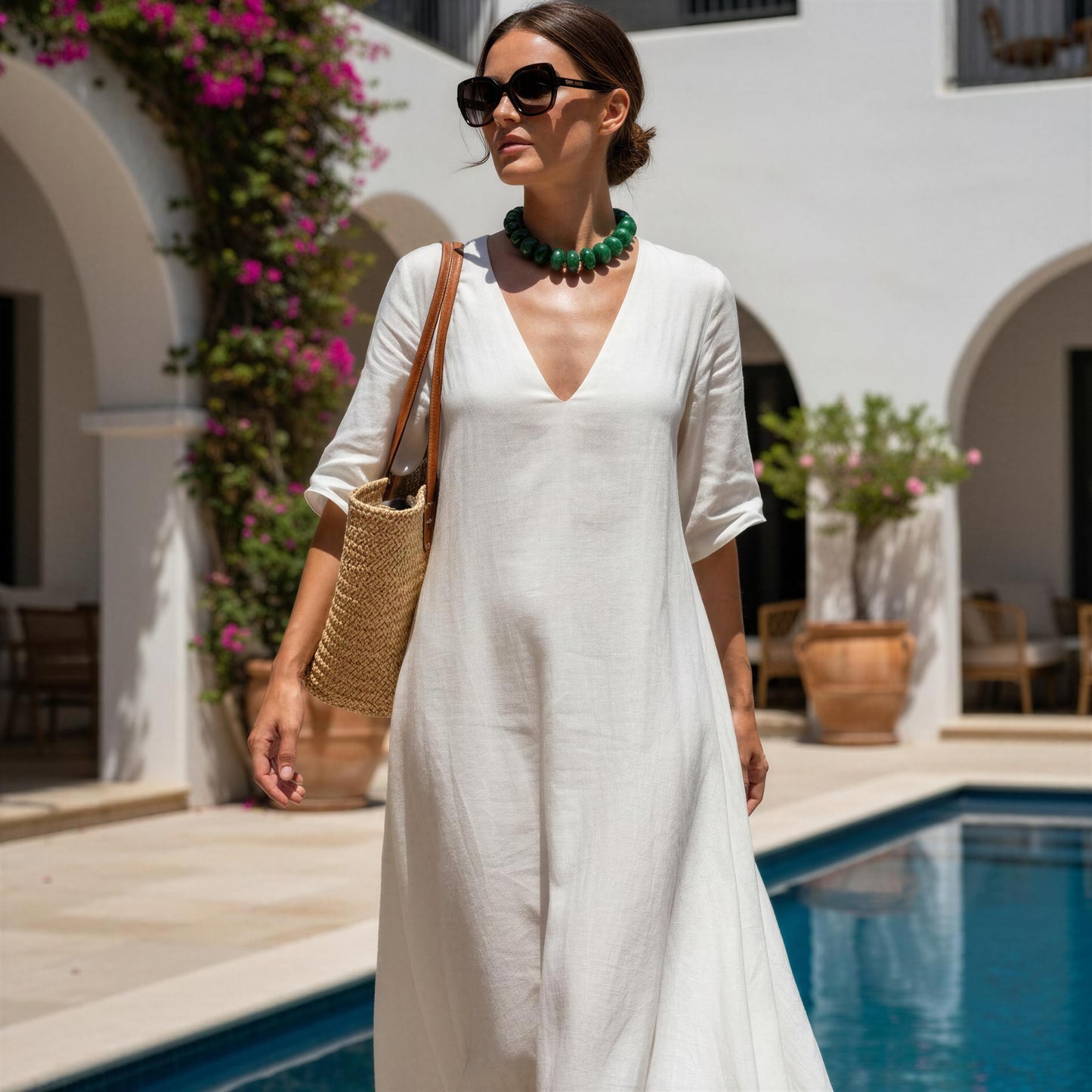 Woman in a white dress standing by a pool with a white building and flowers in the background and wearing the Capri Verde Statement Choker.