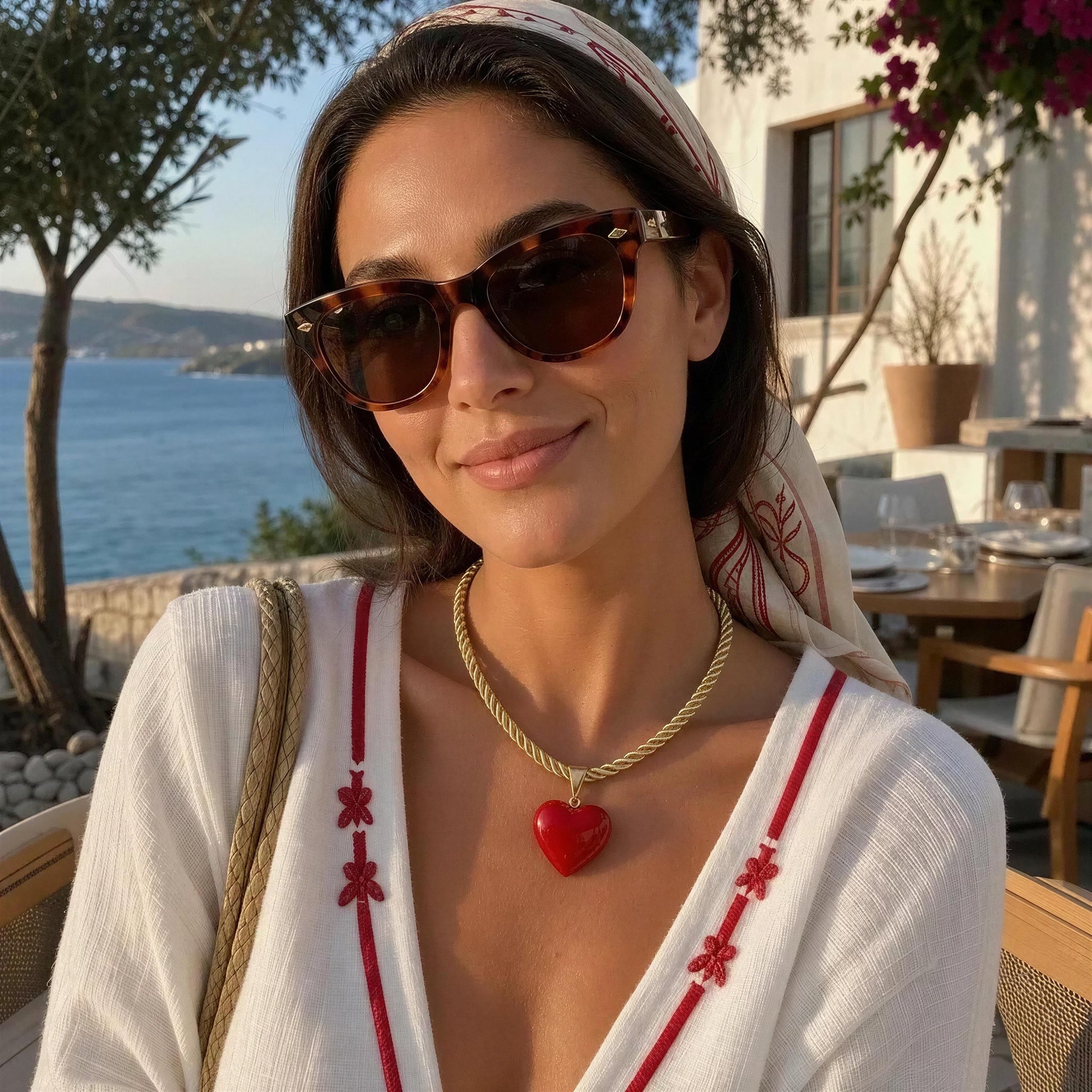 Model wearing the Corallo Necklace by Chica Chica Jewelry at a seaside restaurant overlooking the Bodrum coastline, Turkey.