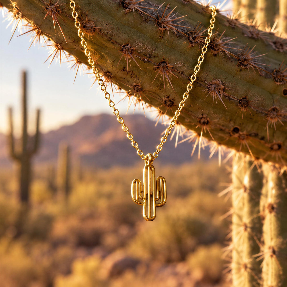 A gold cactus pendant necklace draped over a desert cactus in a sunny desert landscape.