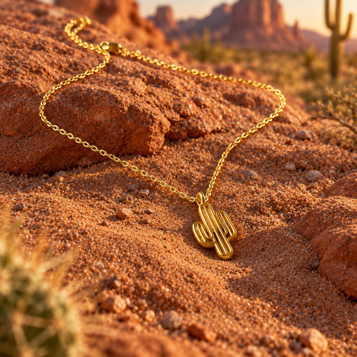 A gold cactus pendant necklace on a matching chain, displayed on a sandy desert surface with red rocks and cacti in the background.