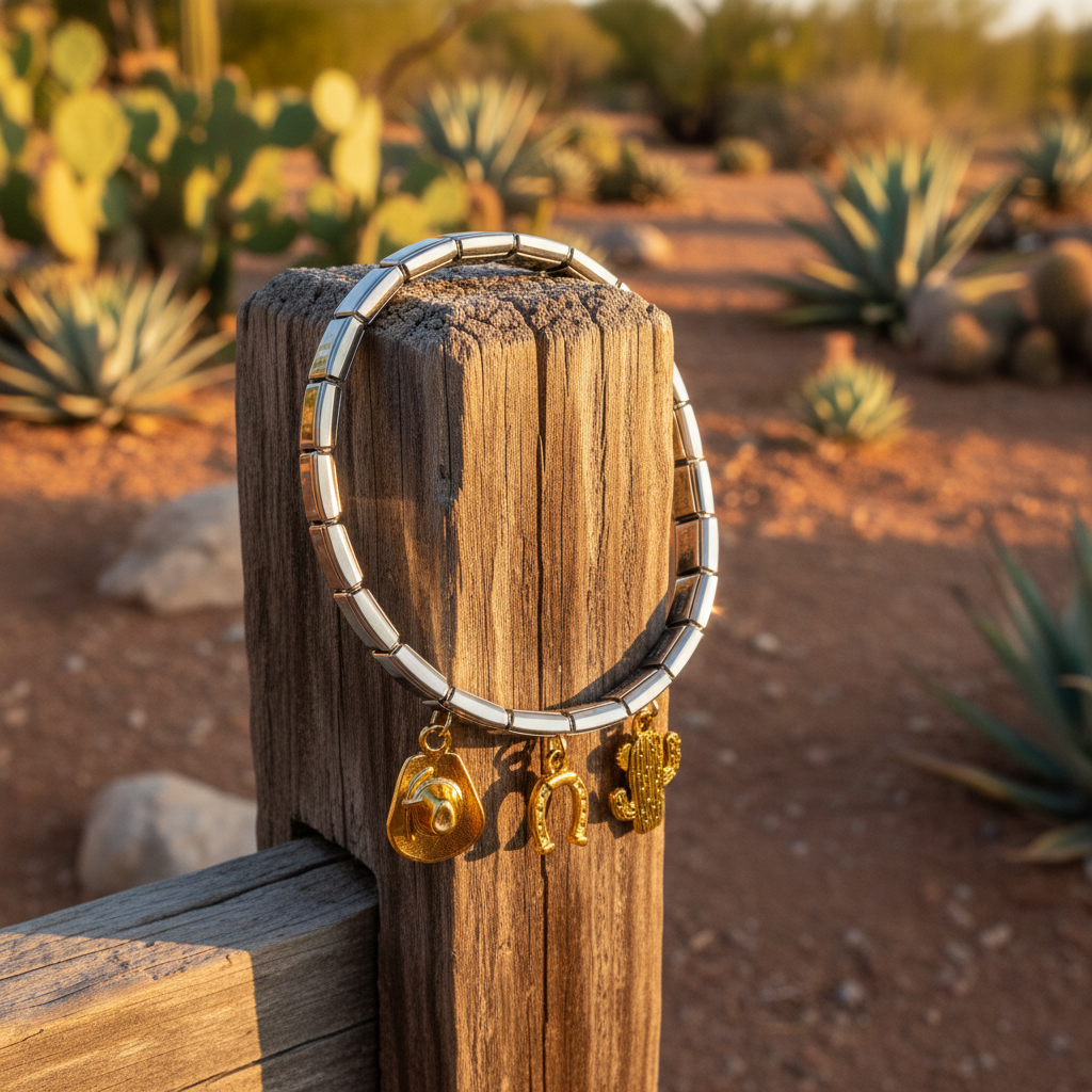 The Desert Trail Charm Bracelet from Chica Chica Jewelry with charms on a wooden post in a desert setting
