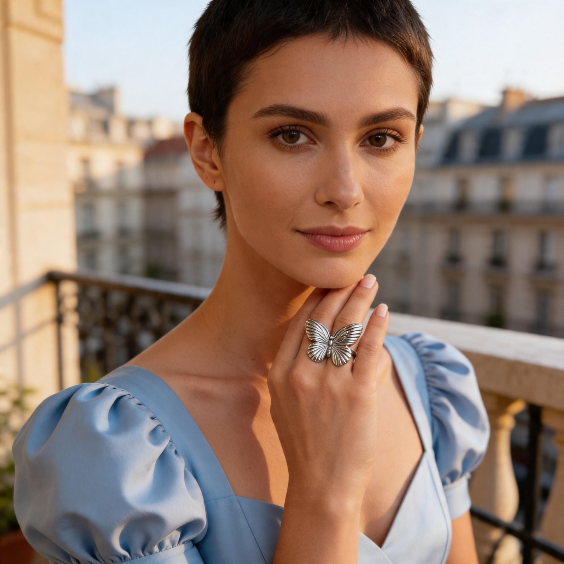 Woman wearing the Forever Flutter Ring – Silver on a balcony with buildings in the background