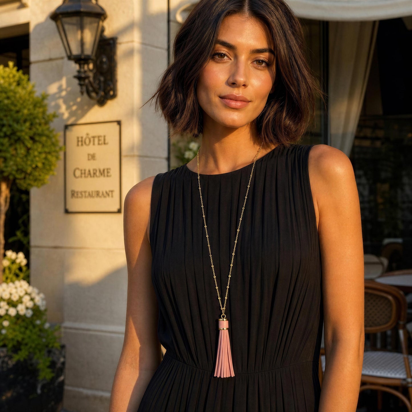 A woman wearing a sleeveless black pleated dress and a long gold-tone necklace with a blush pink tassel pendant, standing outdoors in front of a restaurant sign.