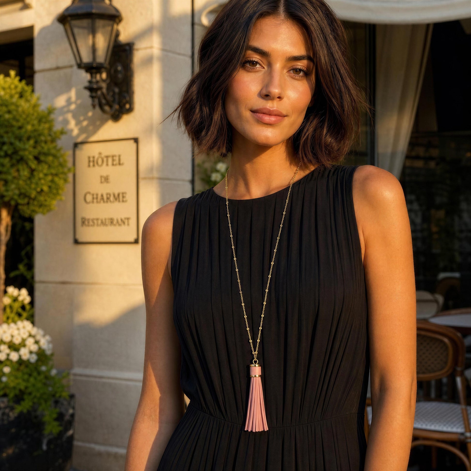 A woman wearing a sleeveless black pleated dress and a long gold-tone necklace with a blush pink tassel pendant, standing outdoors in front of a restaurant sign.