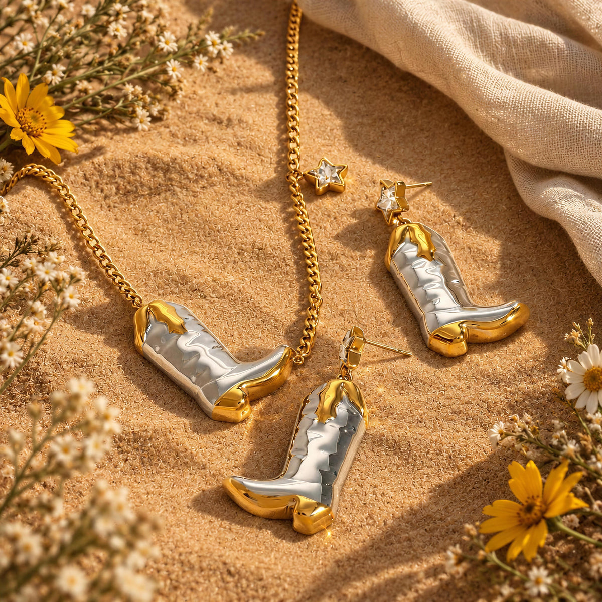 The Frontier Boot Jewelry Set from Chica Chica Jewelry laying flatlay against sand by desert scenario.