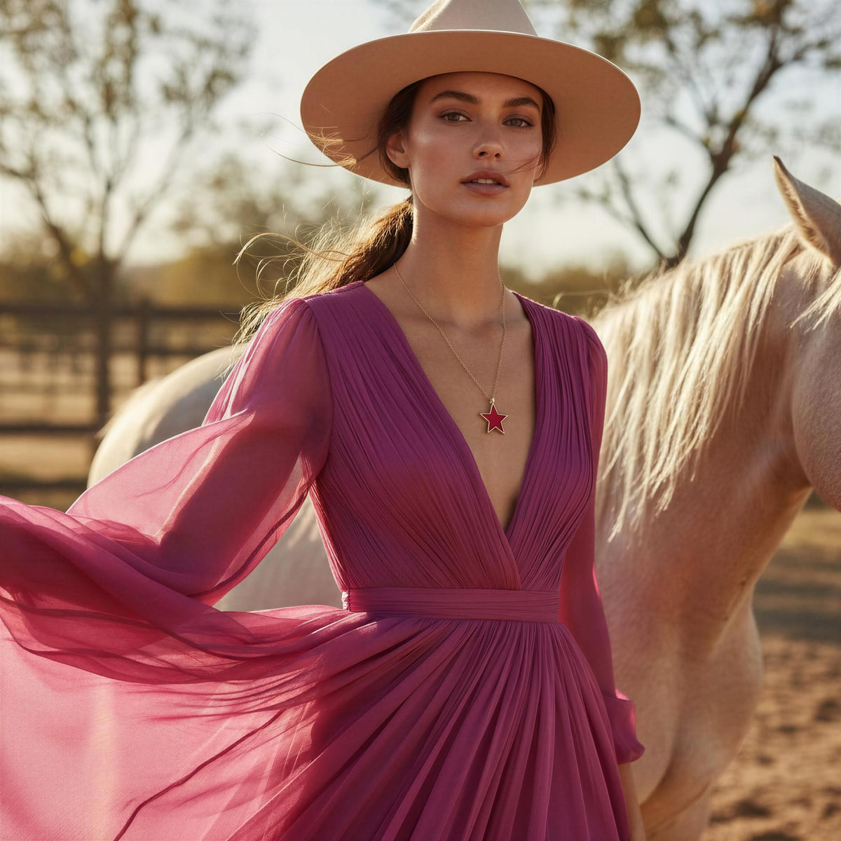 A woman wearing the Fuchsia Star Necklace from  Chica Chica Jewelry and a wide-brimmed beige hat and a flowing magenta pleated dress stands outdoors beside a light-colored horse in a sunlit rural setting.