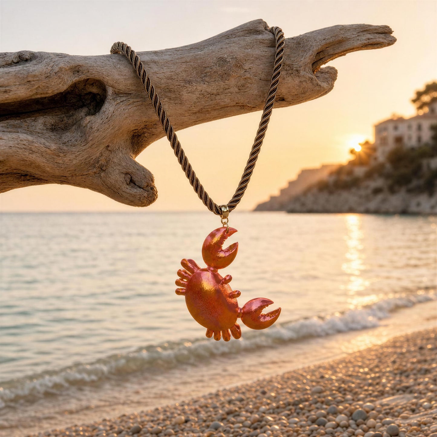 The Granchio Necklace from Chica Chica Jewelry hanging from driftwood by the sea.