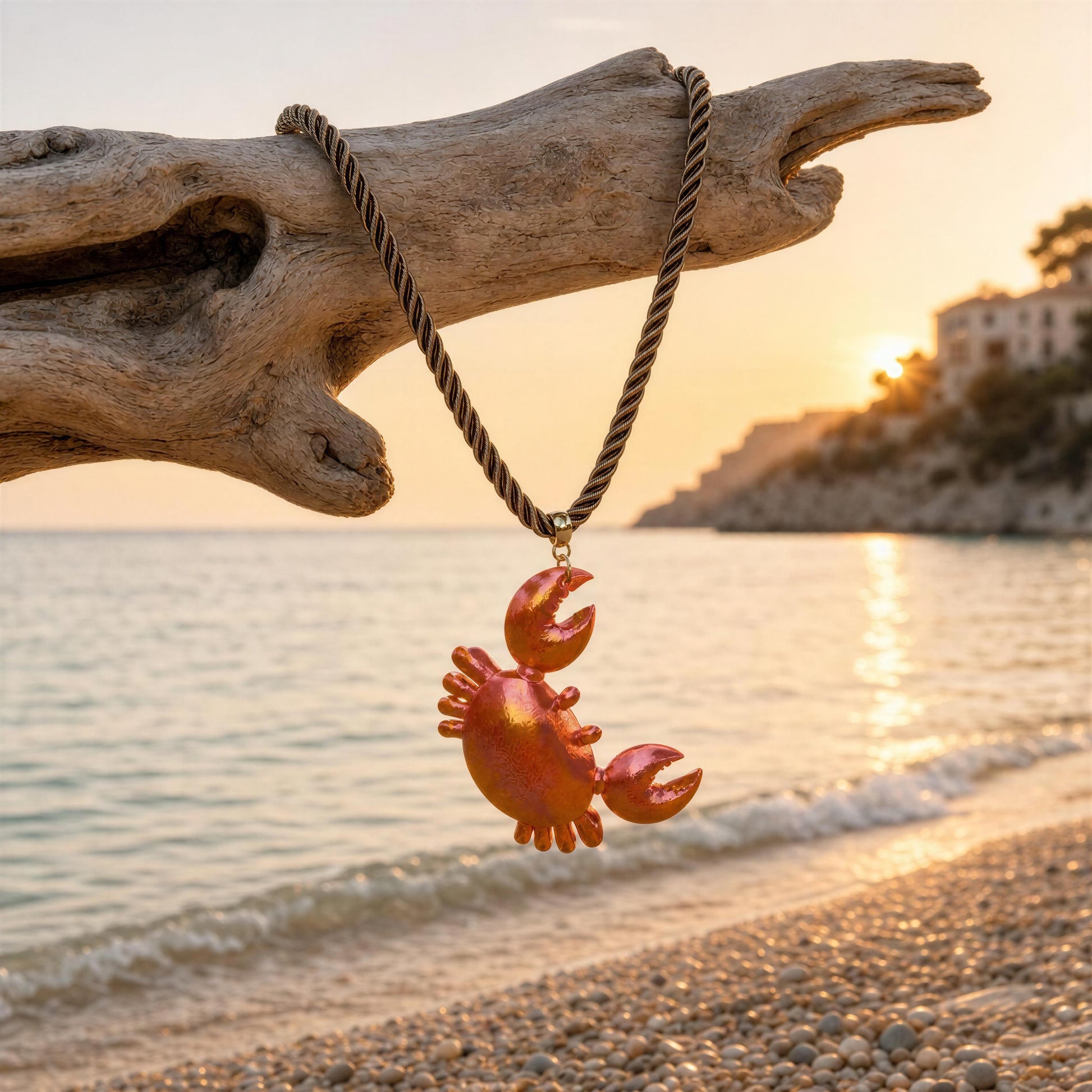 The Granchio Necklace from Chica Chica Jewelry hanging from driftwood by the sea.