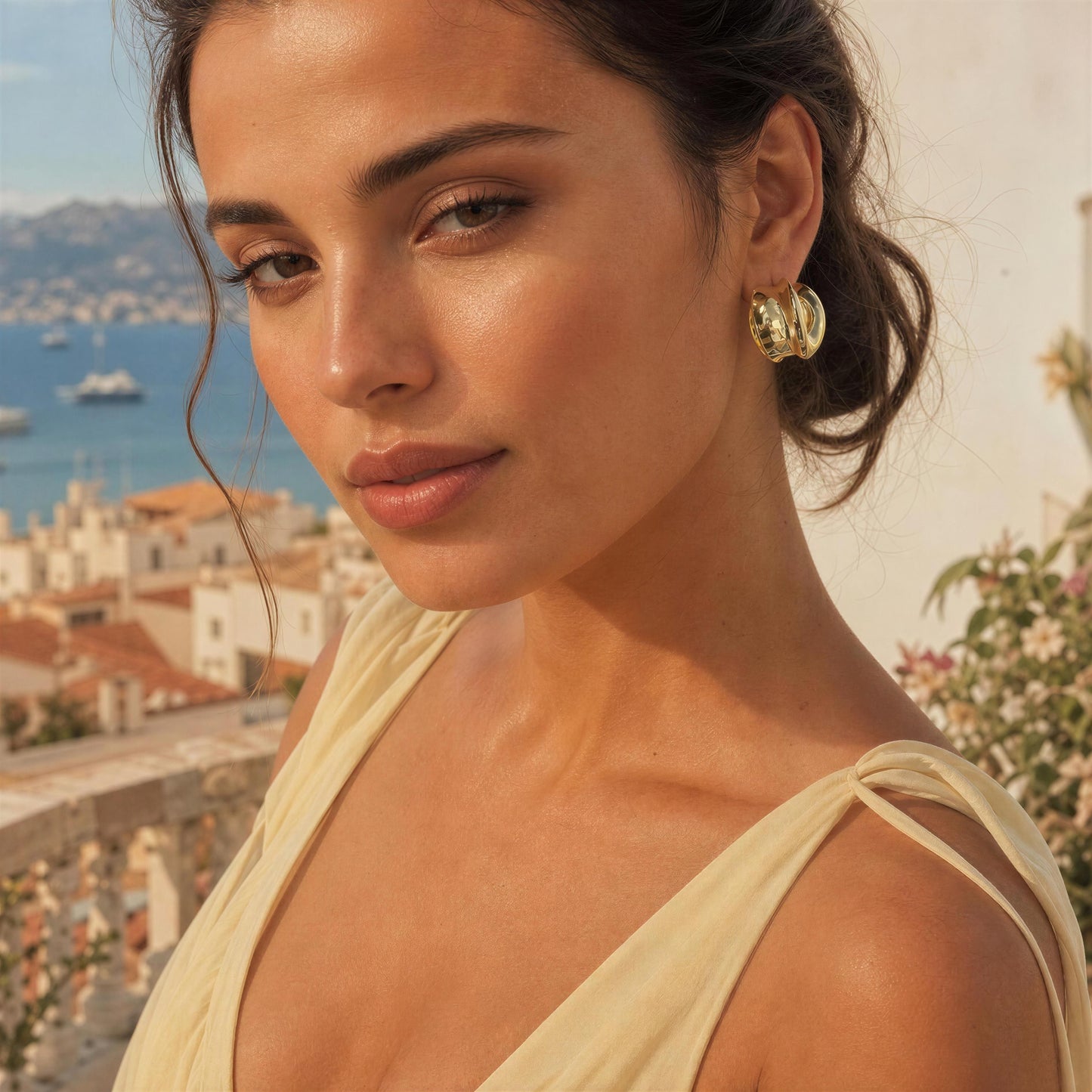 A close-up lifestyle shot of a woman wearing a chunky gold hoop earring, set against a sunny coastal background with white buildings and blue water.