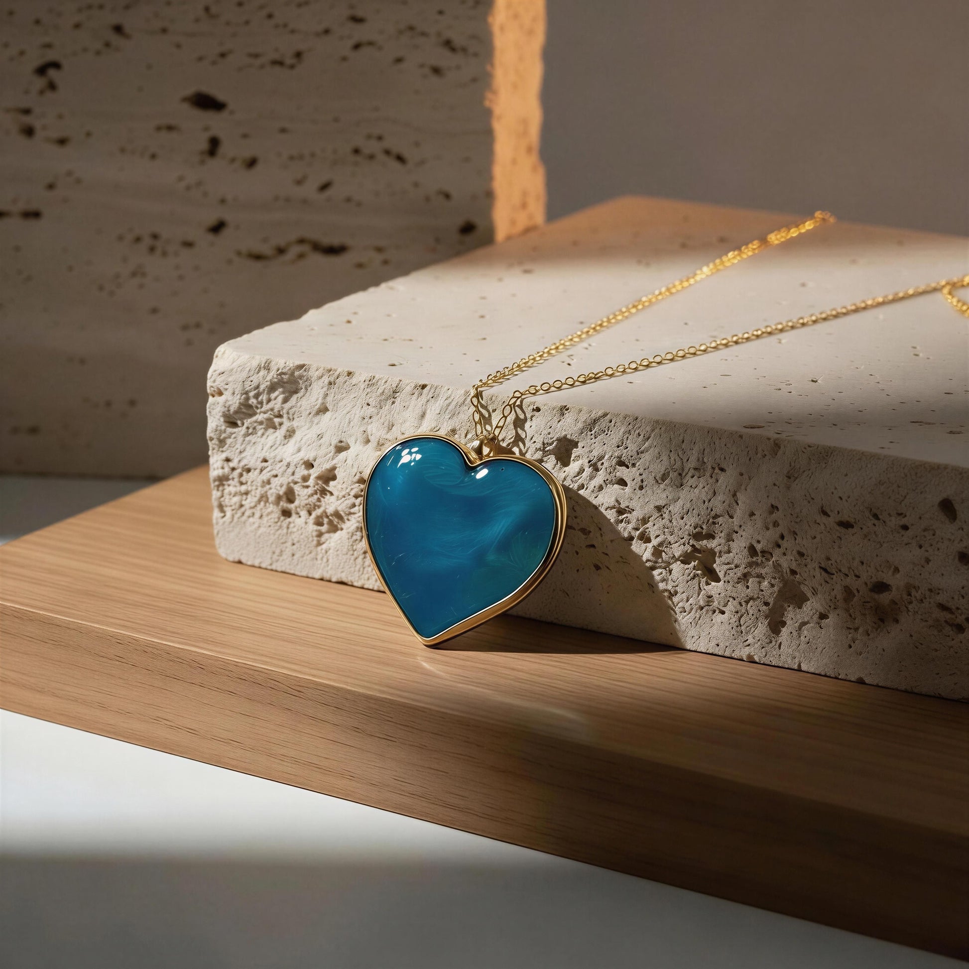 Gold necklace with a blue heart pendant on a stone and wooden surface