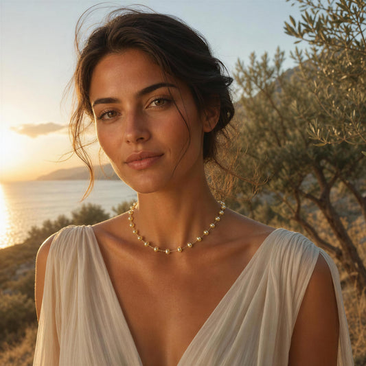 A woman outdoors at sunset wearing a delicate pearl necklace and a white draped sleeveless top, with trees and water in the background.