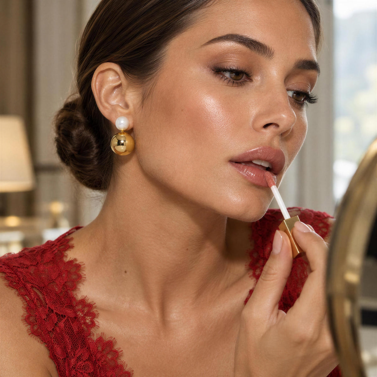 Model wearing Lustra Gold & White Drop Earrings with an elegant red lace outfit and soft evening makeup.