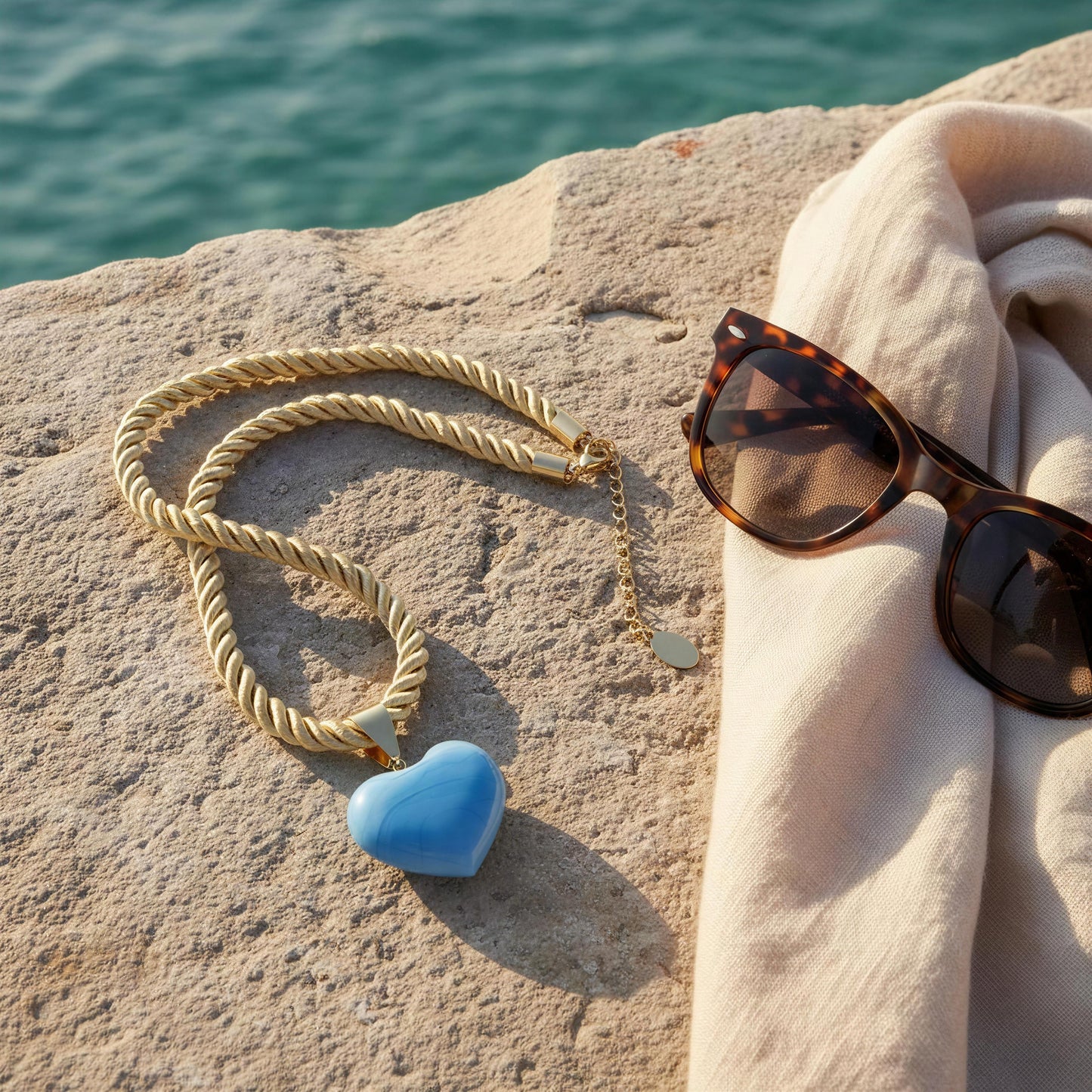The Mavi Murano-style blue glass heart necklace with a soft braided cord and 18k gold-plated details by Chica Chica Jewelry overlooking the Bodrum coastline, Turkey.