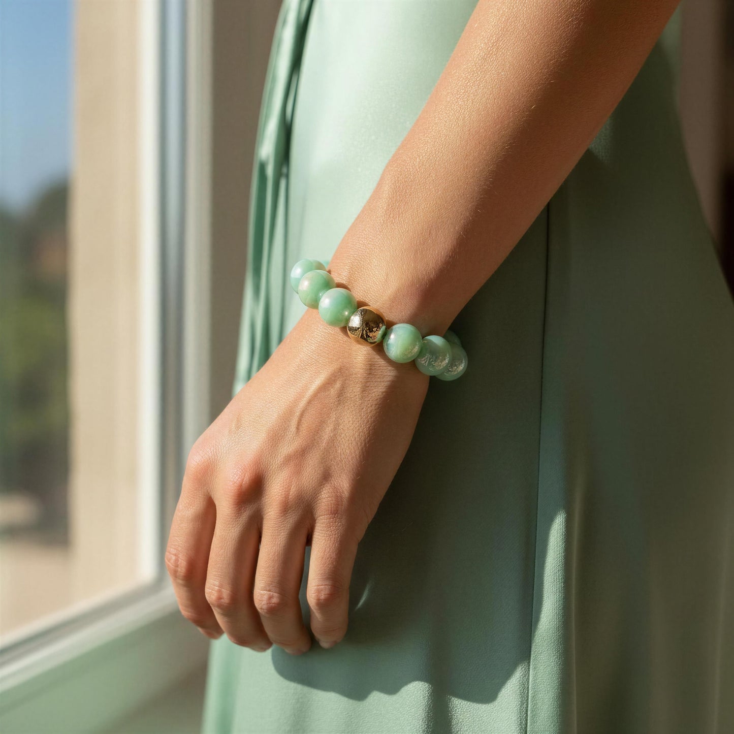 Person wearing a green beaded bracelet by a window