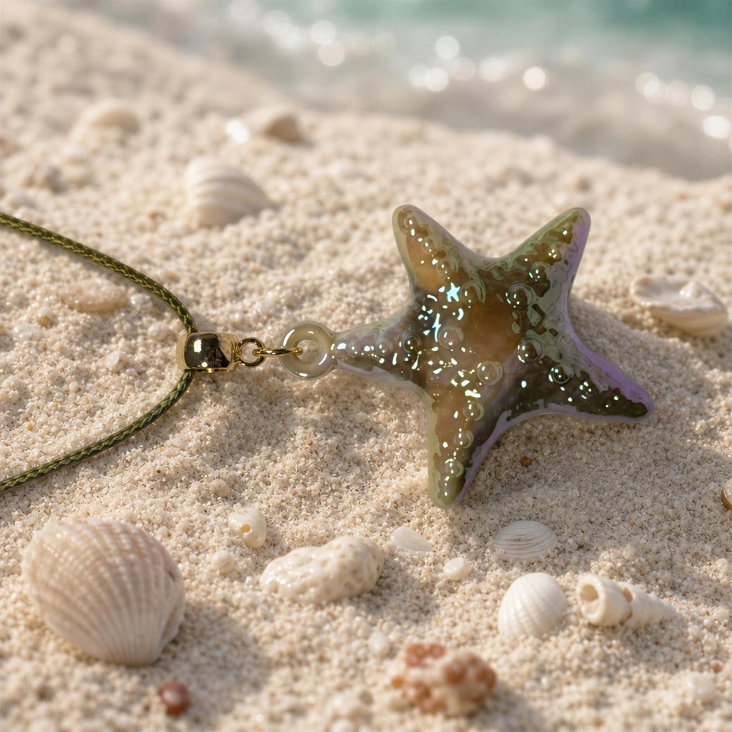 The Nerina Olive Necklace flatlay at the beach next to sea shells.