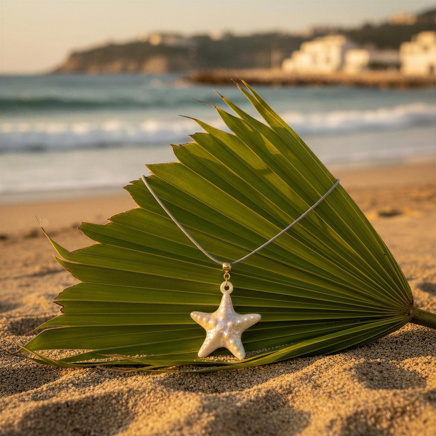 The Nerina Seafoam Starfish Necklace draped from a palm tree at the beach.