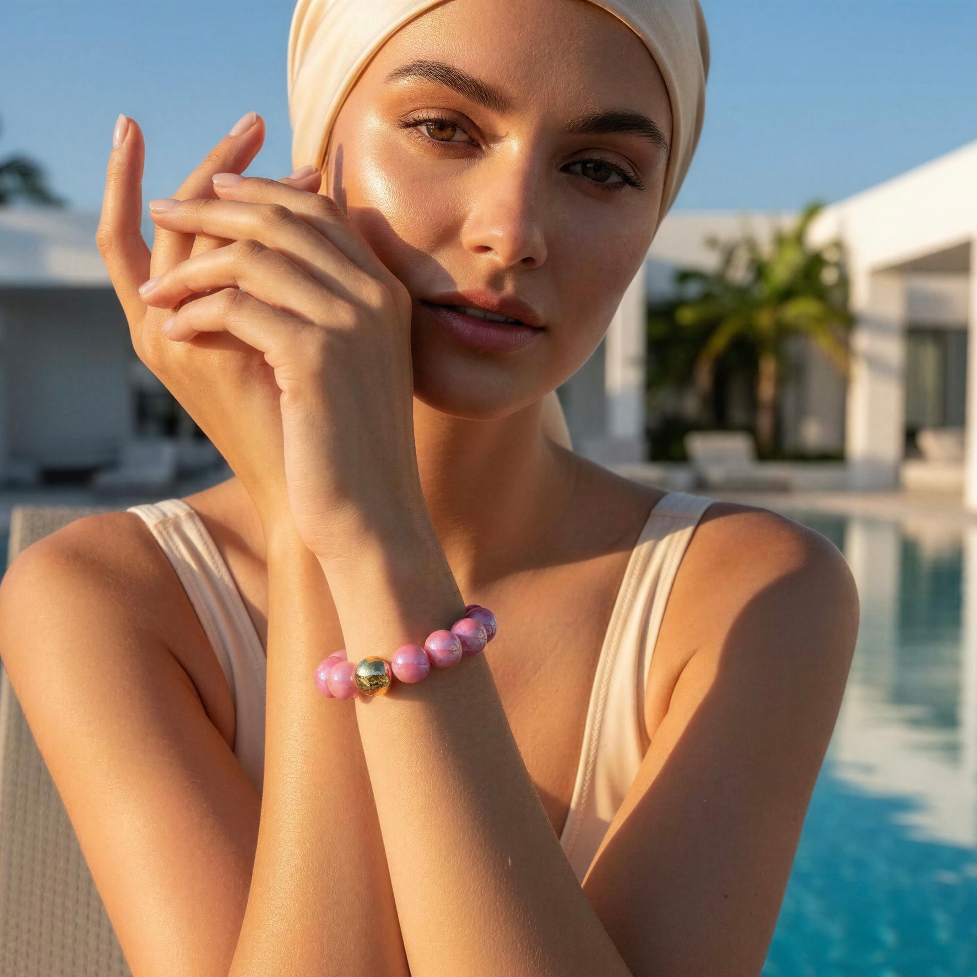 Woman wearing a headscarf and the Orchid Glow Bracelet by a poolside