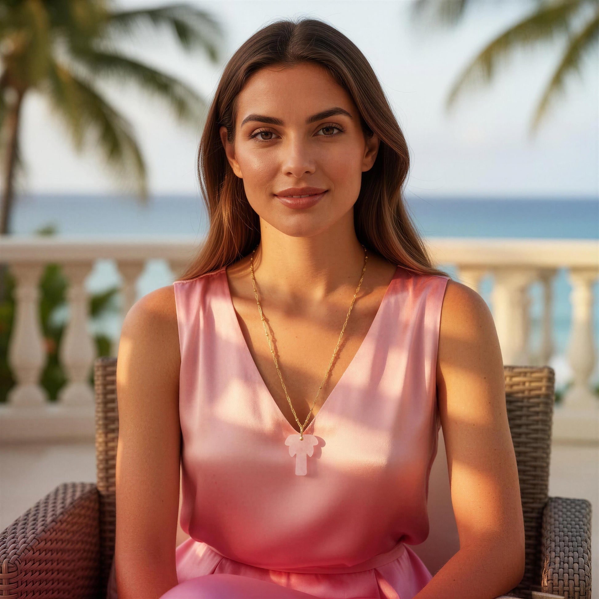 Woman in a pink dress sitting on a balcony with palm trees and ocean view wearing the Palma Rosa Long Necklace