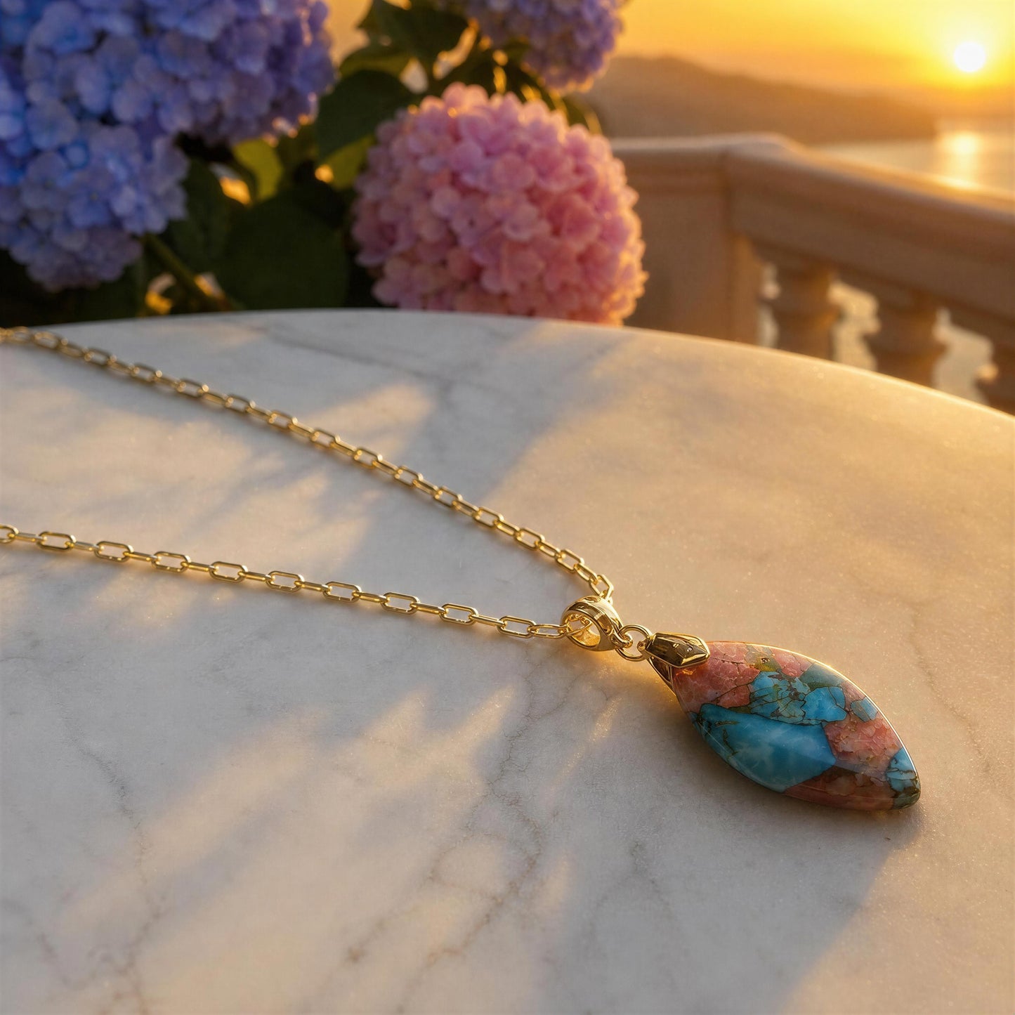A gold chain necklace with a teardrop-shaped pendant featuring a marbled turquoise, pink, and brown stone, resting on a white marble surface with a sunset and flowers in the background.