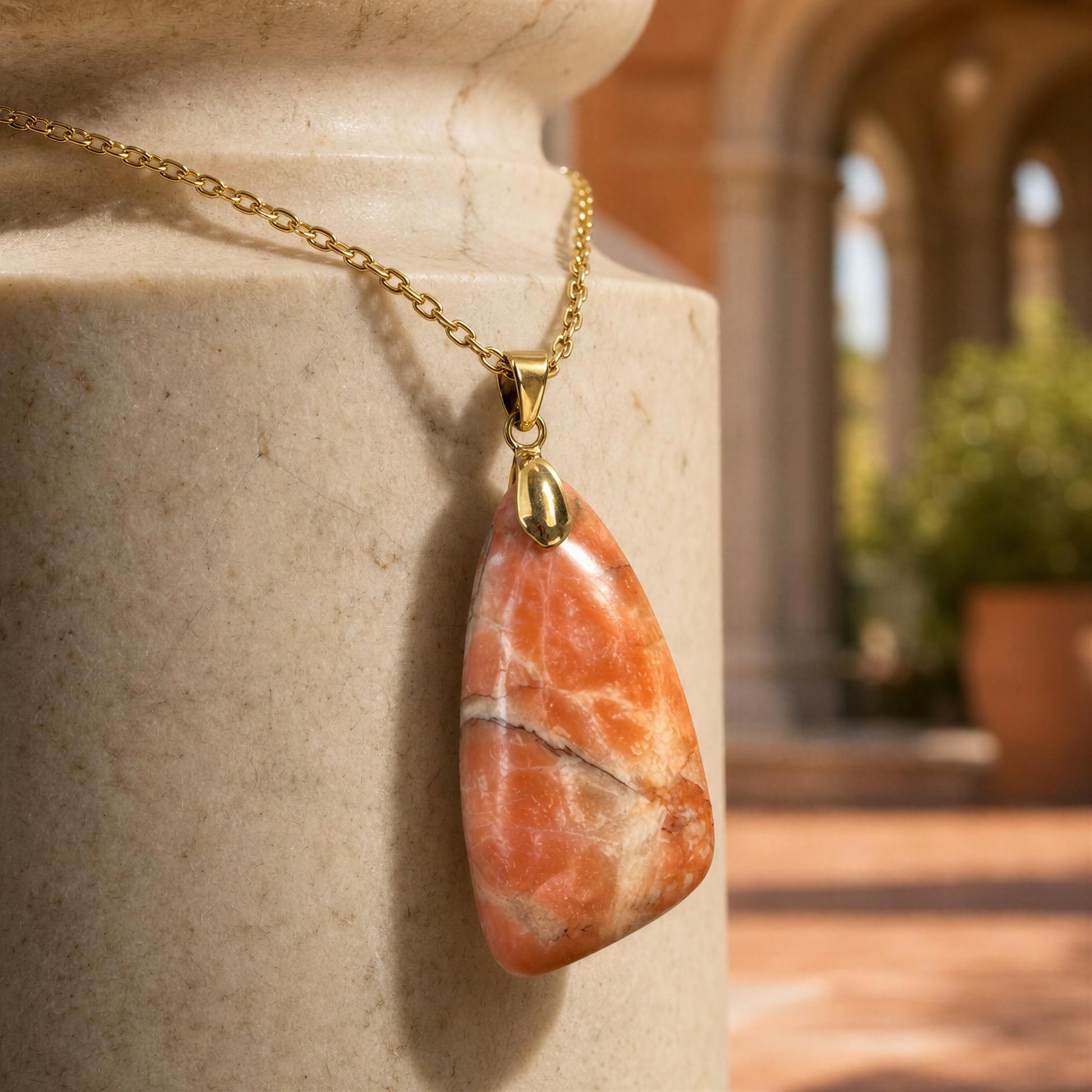 A gold chain necklace with a polished coral and white marbled stone pendant, draped over a beige stone column with a blurred outdoor architectural background.