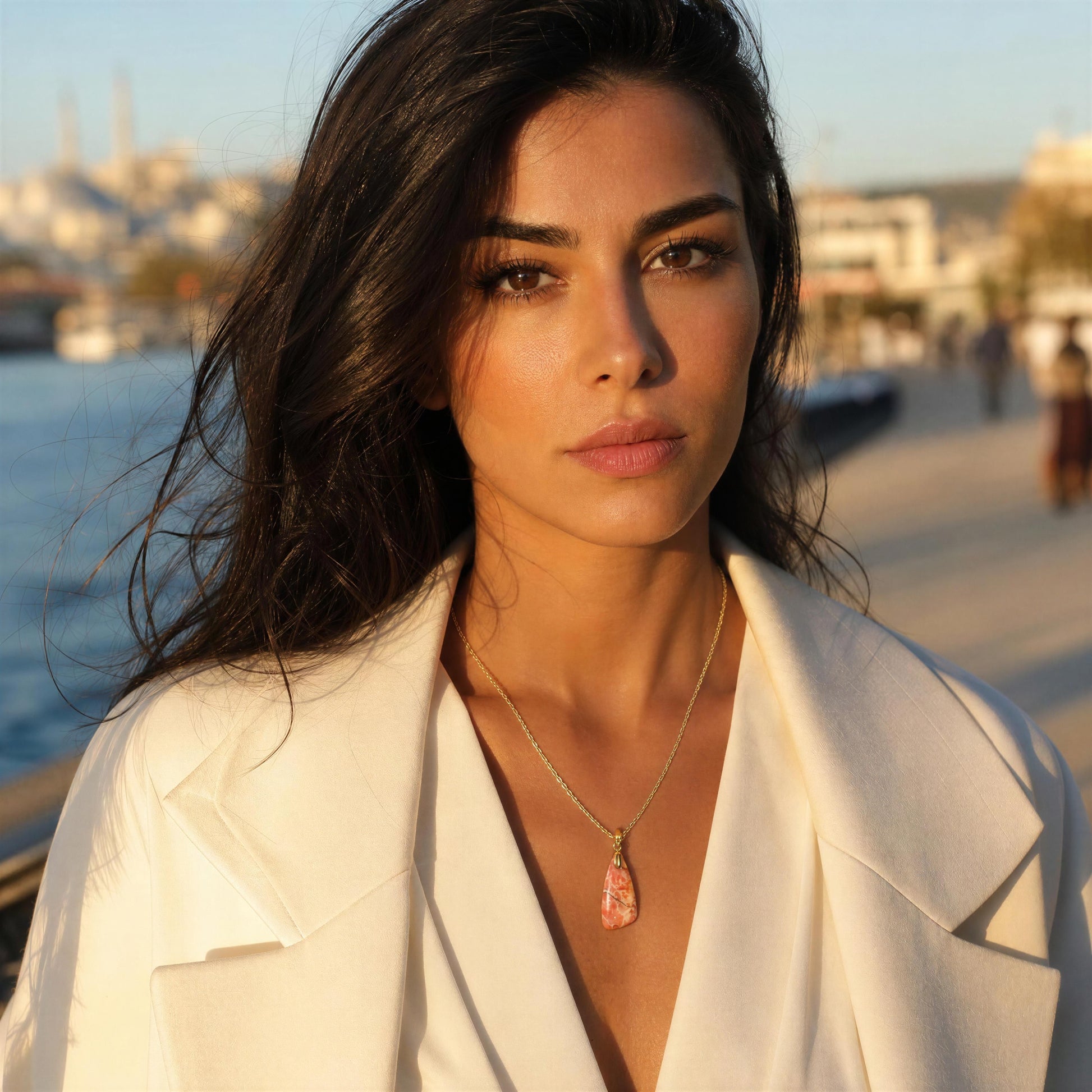 A woman with long dark hair wearing a white blazer and the Pietra Rosa Natural Stone Necklace from Chica Chica Jewelry, a gold pendant necklace with a pinkish stone, photographed outdoors near a waterfront with a blurred background.